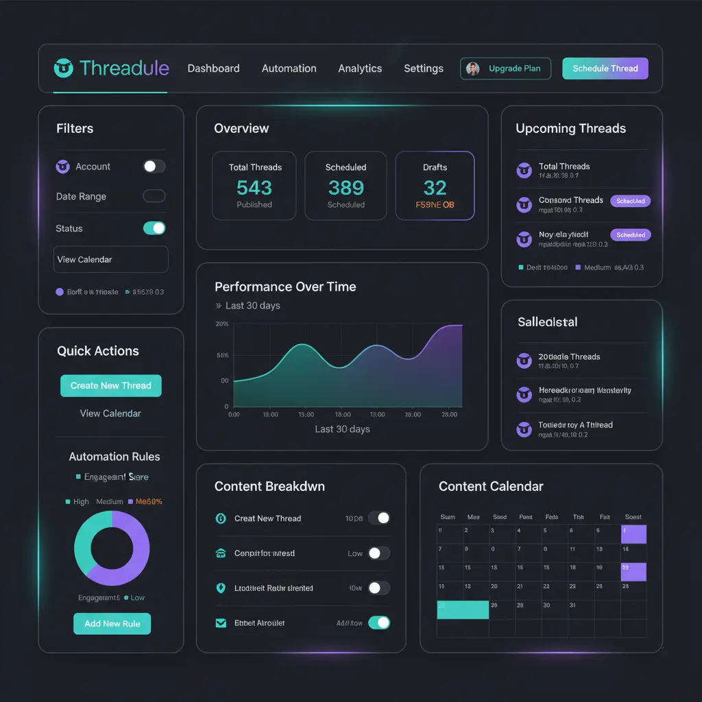 Threadule features dashboard showing content recycling, multi-timezone scheduling, and analytics tools